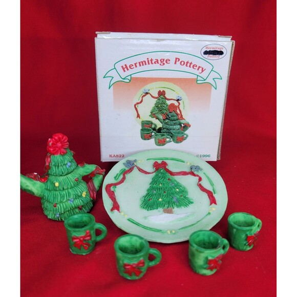 Miniature Christmas Tree TeaPot w/Cups Hand Painted Green Hermitage Pottery Set - Picture 2 of 12